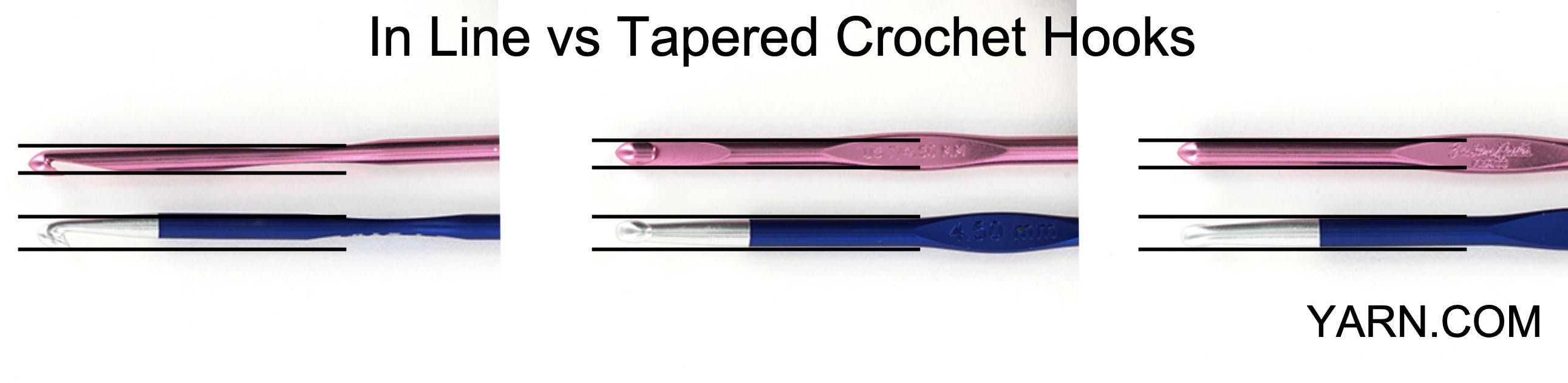 Graphic showing the difference between in line and tapered crochet hooks