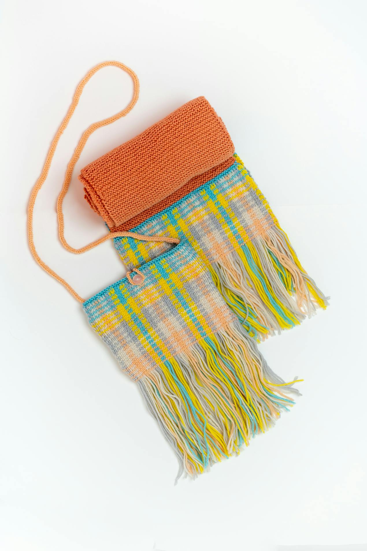 Wool worsted knitted fringe paintbox scarf and bag