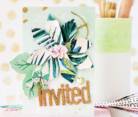 summer floral diy invitation with gold letters and tropical print