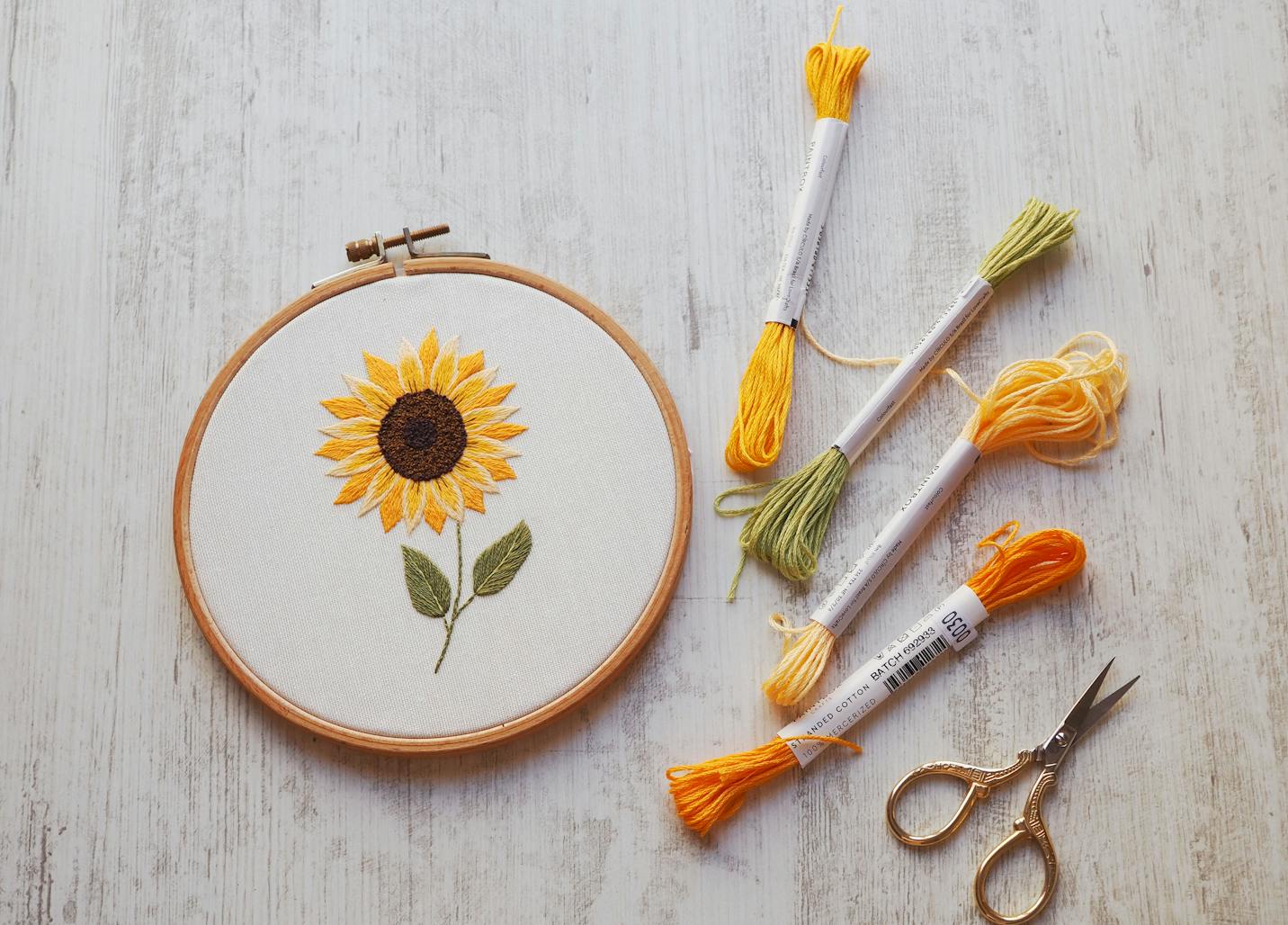 Sunflower embroidery pattern and yarns