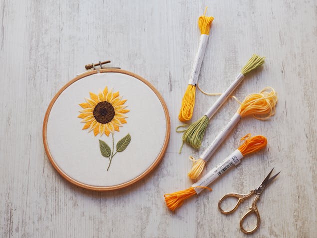 Sunflower embroidery pattern and yarns