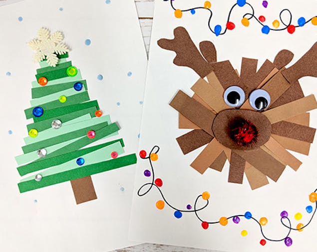 kid's christmas card idea with layered coloured card in the shape of a christmas tree and Rudolph with embellishments around