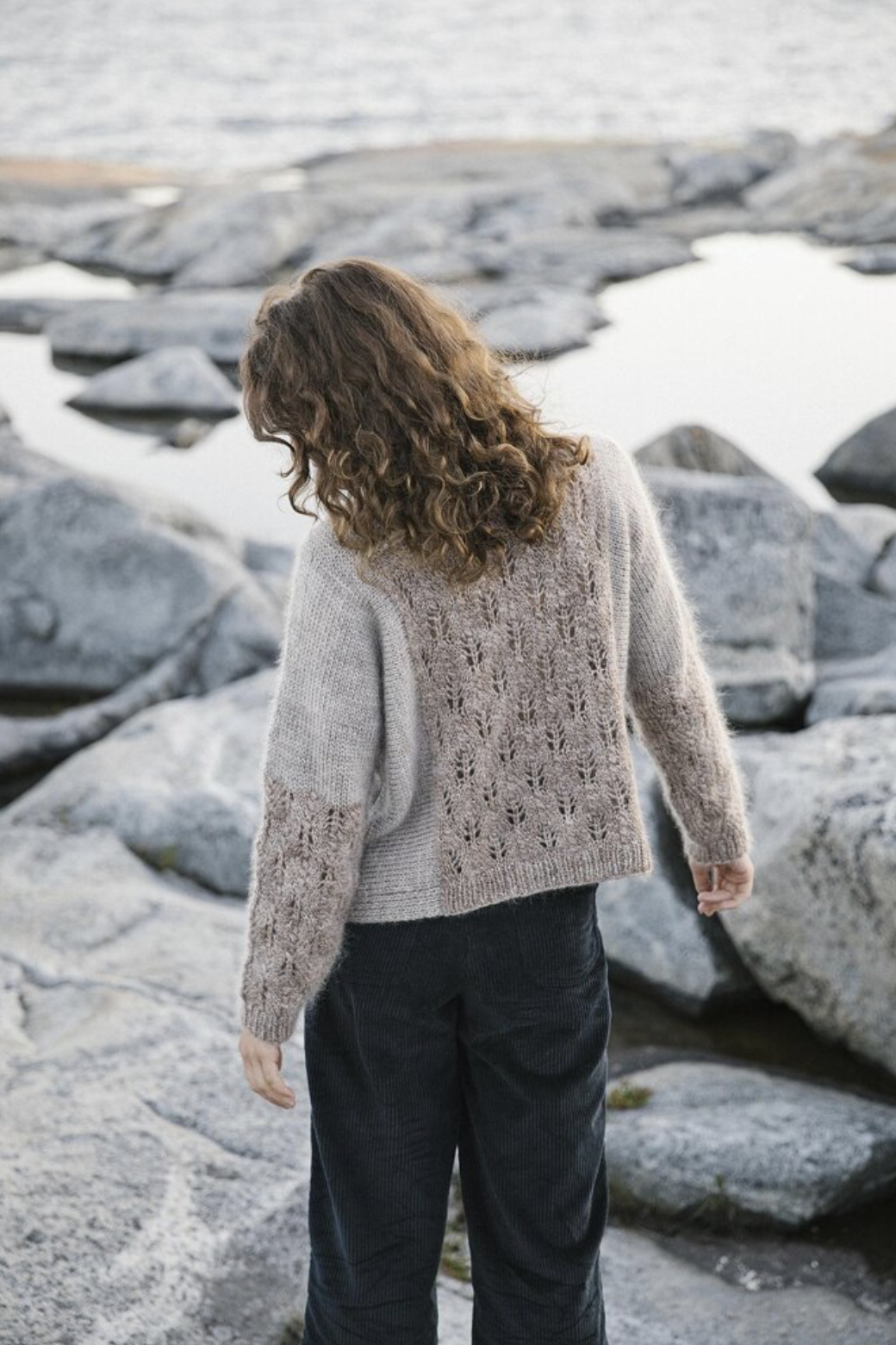 Knit pattern for a cardigan in beige and grey with lace details
