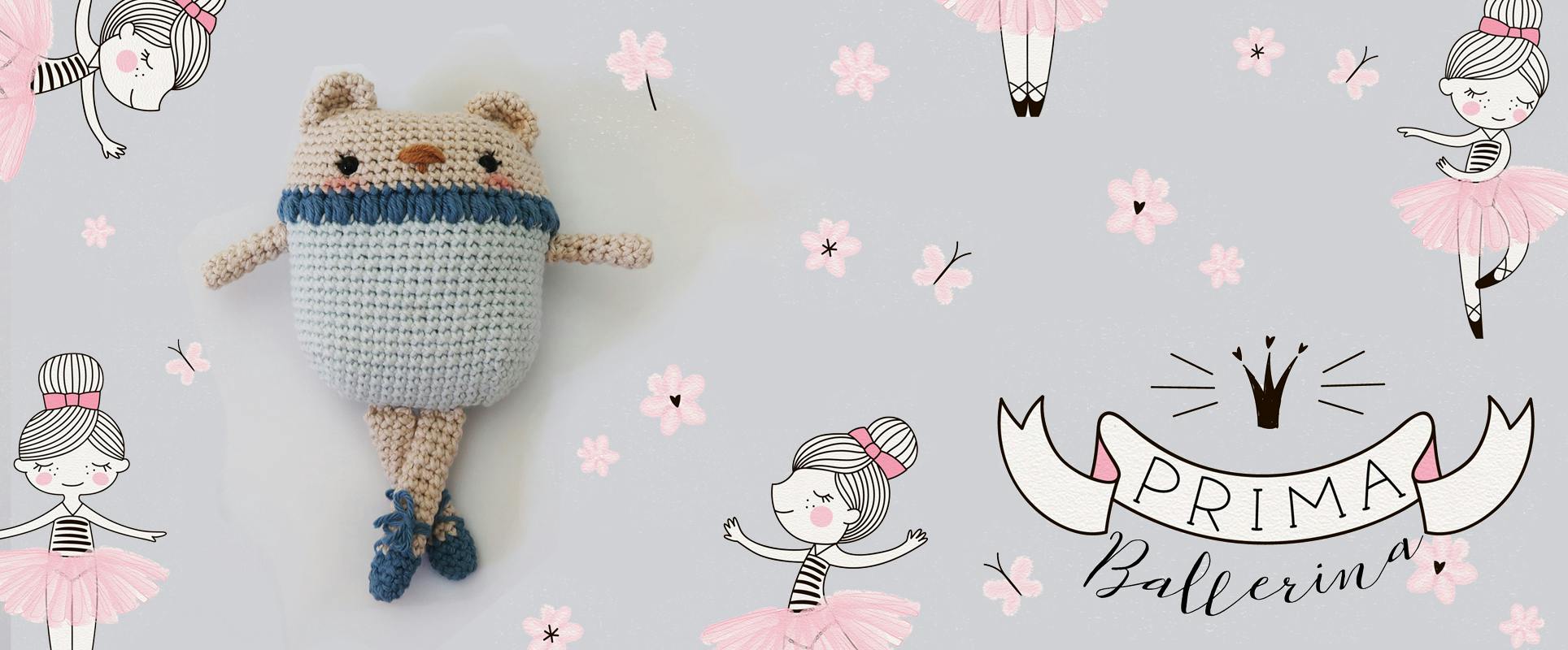 Ballerina Bear amigurumi with grey and pink flower background and other ballerina illustrations