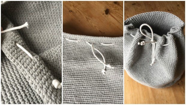 Add string for drawstring to your crochet bag