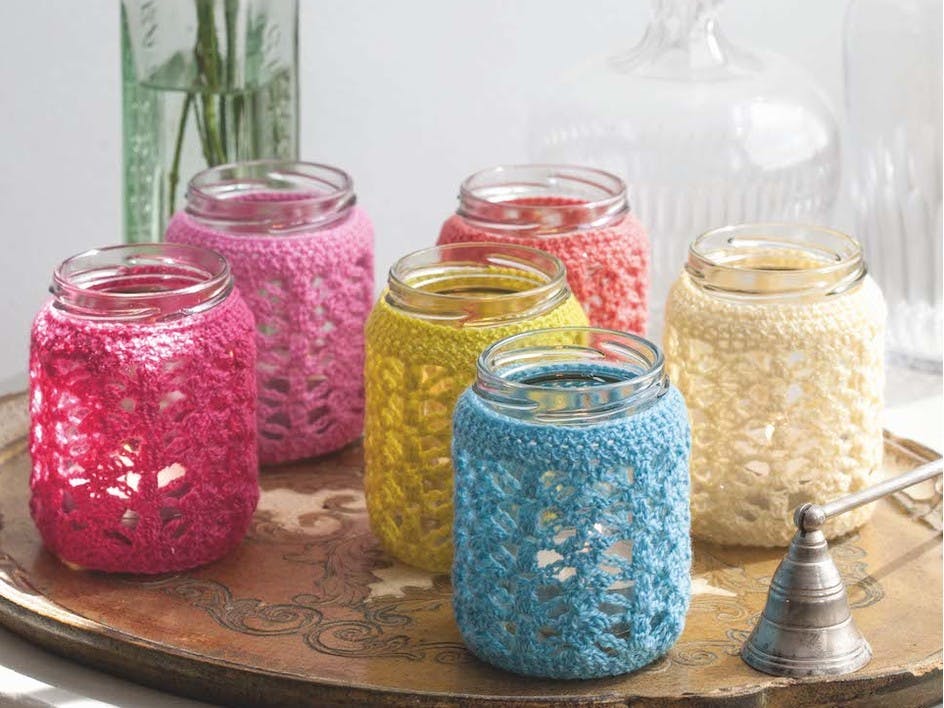 Crochet Stashbusters - Jam jar tealight cosies