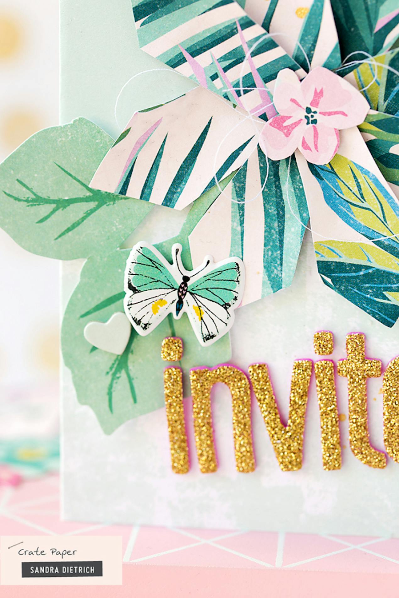 summer floral diy invitation with gold letters and tropical print