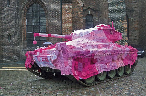 Denmark camouflage tank pink yarn bomb