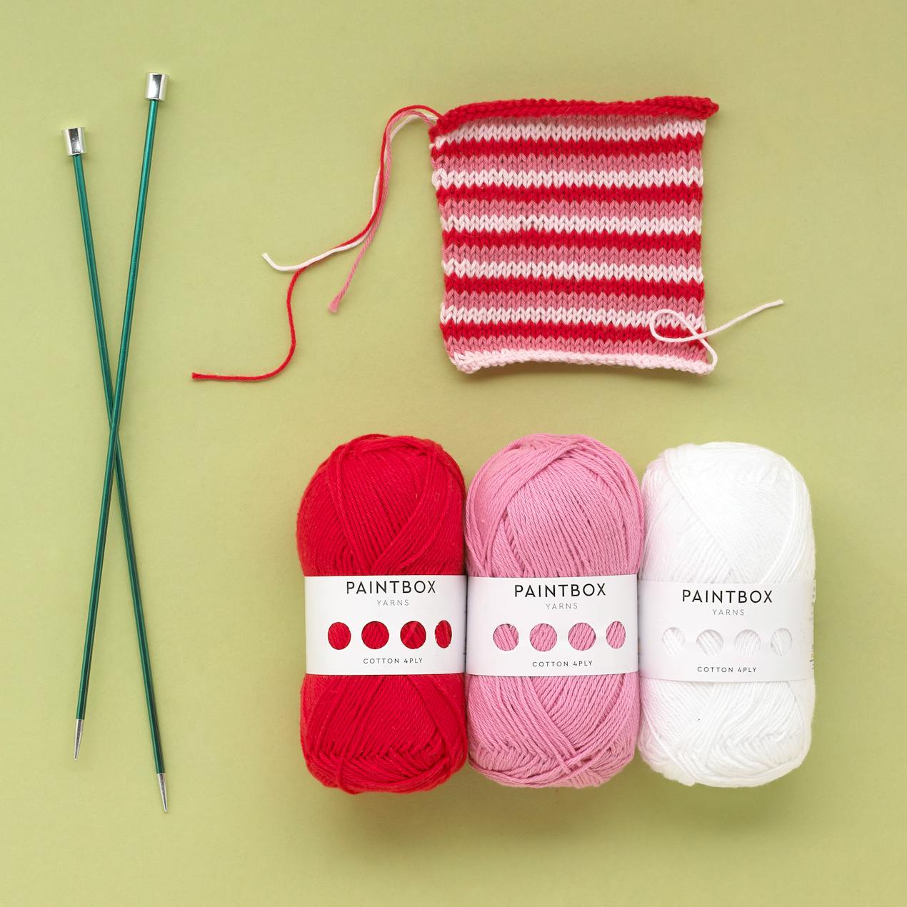 Paintbox cotton 4 ply pink and red knitting swatch