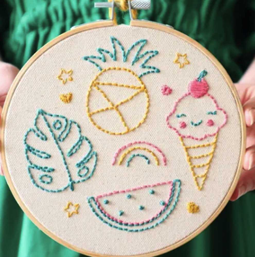 The Modern Crafter Beginner Embroidery Kit - Fruit & Ice Cream using french knots