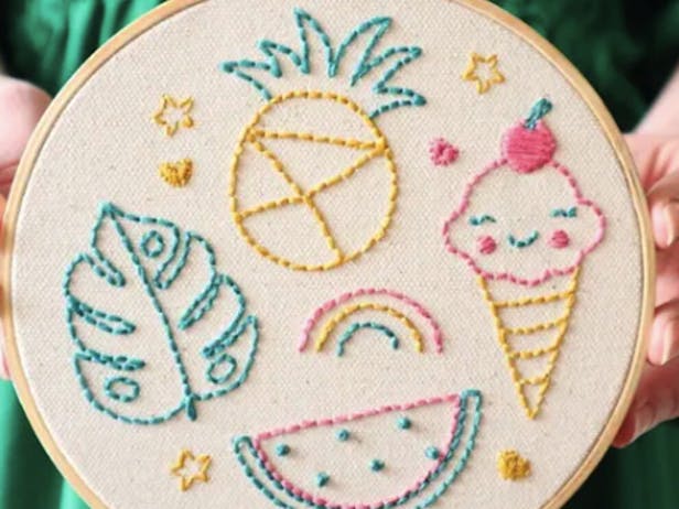 The Modern Crafter Beginner Embroidery Kit - Fruit & Ice Cream using french knots