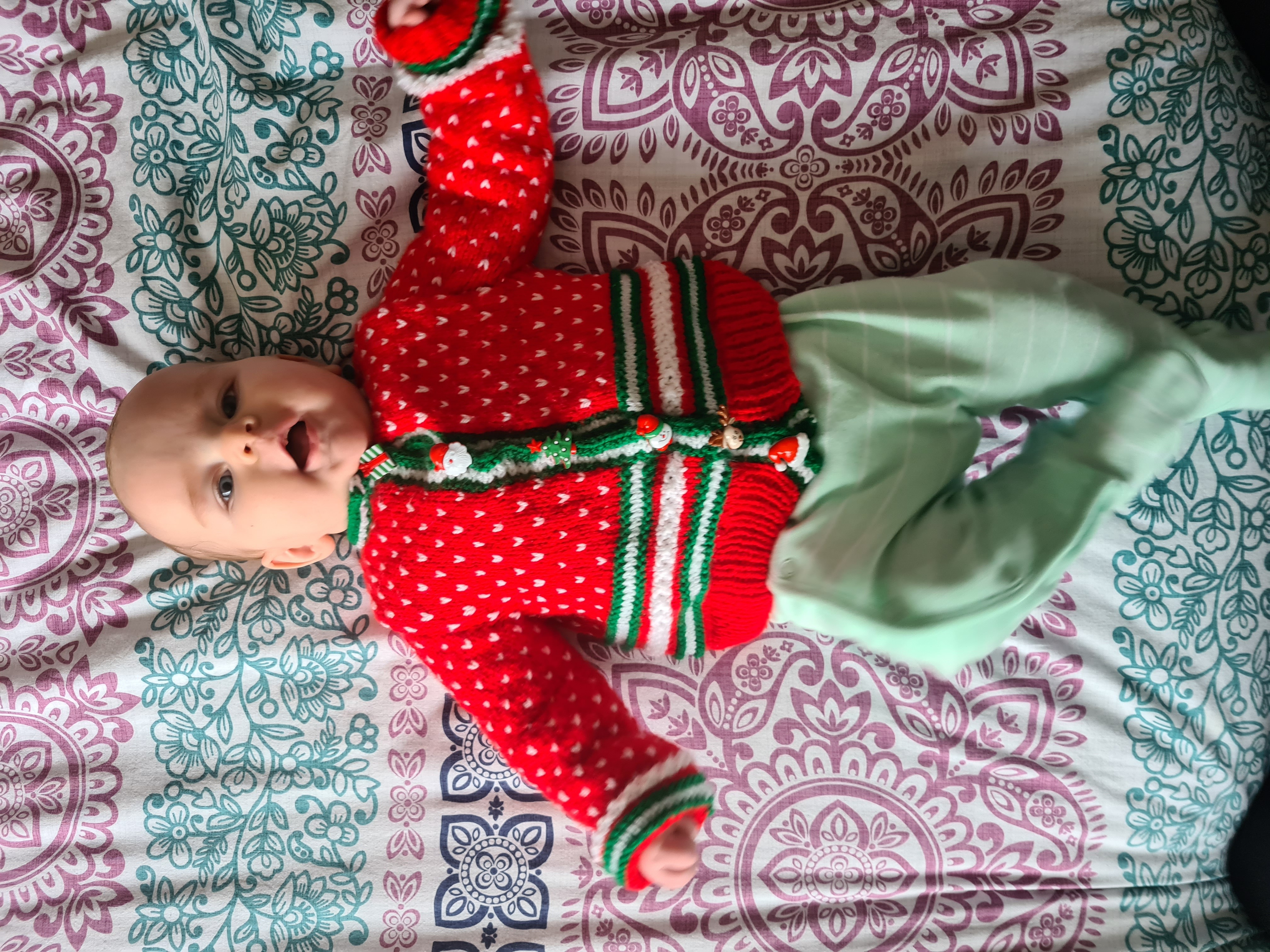Festive red & green knit baby cardigan