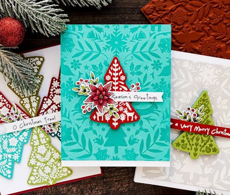 3 different christmas tree card designs with patterned backgrounds and christmas messages