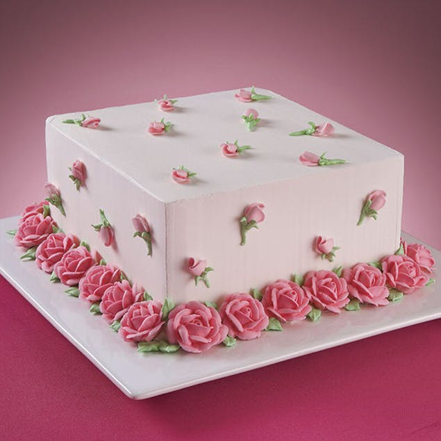 Square cake decorated with roses