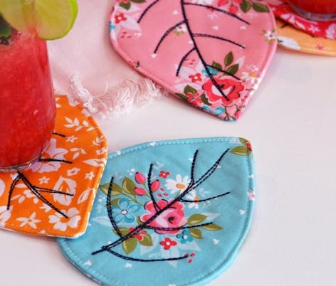 leaf shaped sewn coasters made from floral fat quarter fabric